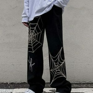 y2k spider web pants   sleek black design & edgy appeal 3033