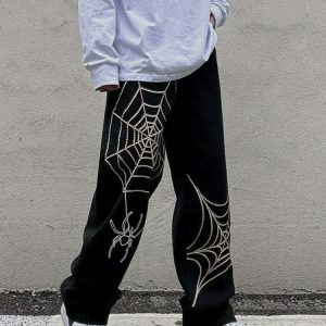 y2k spider web pants   sleek black design & edgy appeal 3708