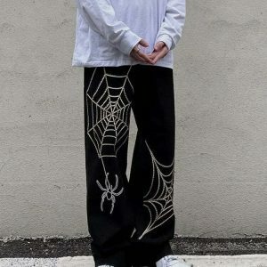 y2k spider web pants   sleek black design & edgy appeal 5412