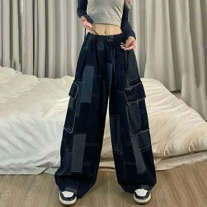 y2k vintage denim patchwork pants   baggy & trendy style 2783