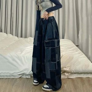 y2k vintage denim patchwork pants   baggy & trendy style 3323