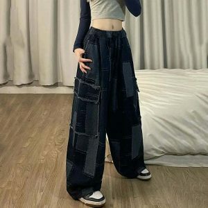 y2k vintage denim patchwork pants   baggy & trendy style 6173