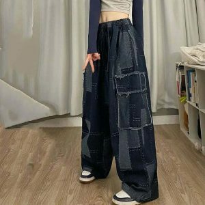 y2k vintage denim patchwork pants   baggy & trendy style 6988