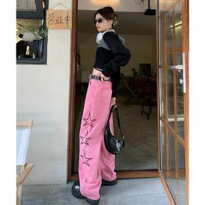 y2k vintage star print jeans pink & chic retro appeal 5269