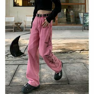 y2k vintage star print jeans pink & chic retro appeal 7766