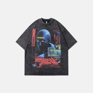 youthful ai robot graphic tee washed black urban cool 3161