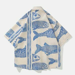 youthful blue fish print shirt summer vibes & style 4612