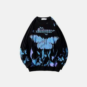 youthful butterfly & blue flames sweatshirt   trendy print 6384