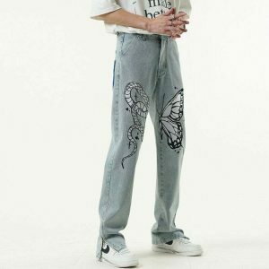 youthful butterfly & snake embroidered denim chic straight cut 3997