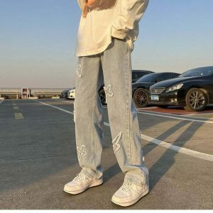 youthful cross patch denim pants   streetwear icon 3623