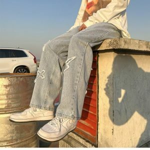 youthful cross patch denim pants   streetwear icon 8981