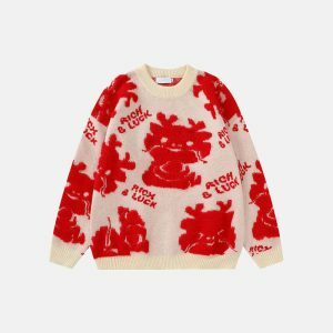 youthful dragon print knit sweater   cute & trendy 4521