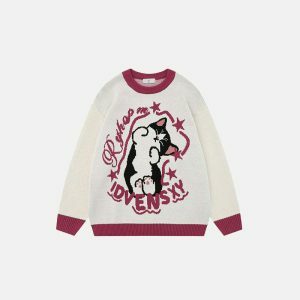 youthful dreaming cat knit sweater   quirky & cozy style 1788