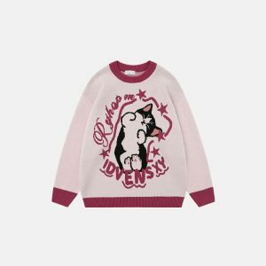 youthful dreaming cat knit sweater   quirky & cozy style 3309