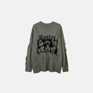 youthful graphic ripped sweater loose & edgy design 7772