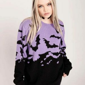 youthful halloween bats knit sweater   quirky & cozy style 3621