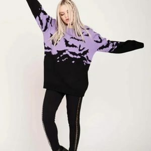 youthful halloween bats knit sweater   quirky & cozy style 7822