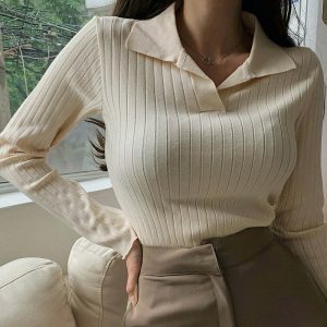 youthful knit shirt with turn down collar sleek design 3970