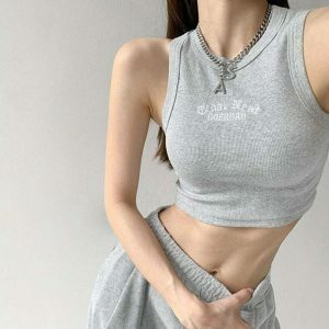 youthful knitted crop tank top with embroidered letters 1479