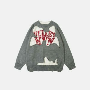 youthful letter print sweater with chic ripped detail 8355