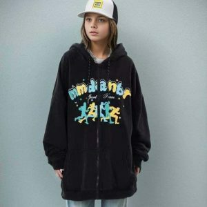 youthful loose letter print hoodie zip up urban chic 5505