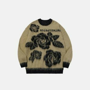 youthful oversized sweater with loose flower graphic 2585