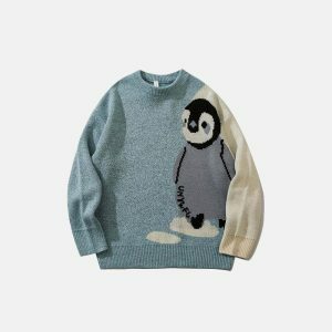 youthful penguin print sweater   cozy & iconic style 1414