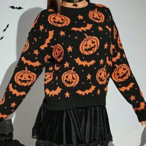 youthful pumpkin bats knit sweater   quirky autumn style 2879