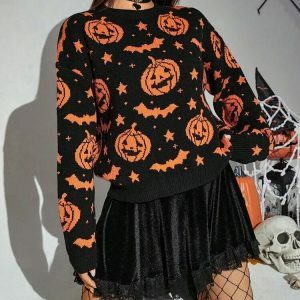 youthful pumpkin bats knit sweater   quirky autumn style 4412