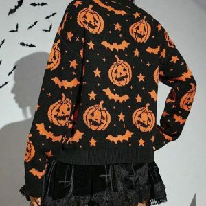 youthful pumpkin bats knit sweater   quirky autumn style 7164