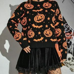 youthful pumpkin bats knit sweater   quirky autumn style 8036