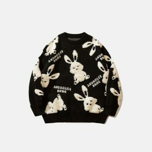 youthful rabbit print sweater   cozy & quirky style 6856