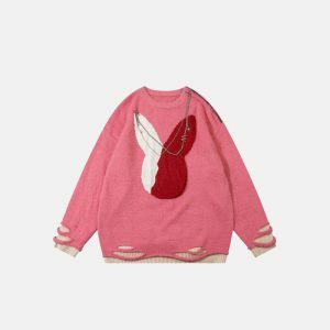 youthful rabbit sweater with ripped & chained detail 3269