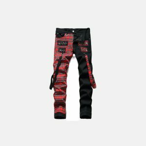 youthful red patchwork denim slim fit urban appeal 3036