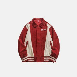 youthful red spliced varsity jacket iconic streetwear piece 5372