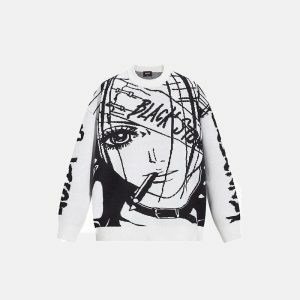 youthful retro anime knit sweater   streetwear icon 7474