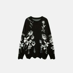 youthful ripped floral knit sweater   loose & trendy 3115