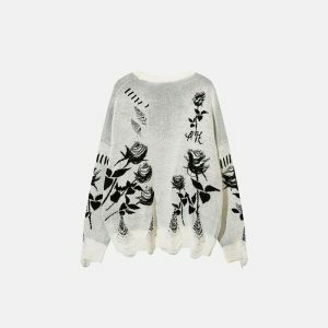 youthful ripped floral knit sweater   loose & trendy 4608