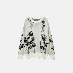 youthful ripped floral knit sweater   loose & trendy 8684
