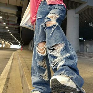 youthful ripped jeans high waist & wide leg design 7666