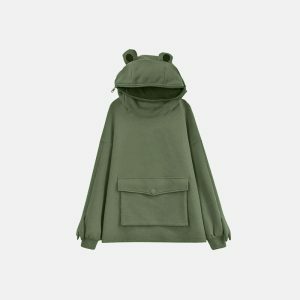 youthful solid color hoodie with frog detail   street chic 8770