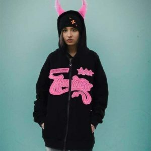 youthful star letter embroidered zip up hoodie trendy design 8885